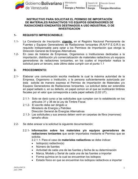 permiso de importacion de productos quimicos radioactivos en