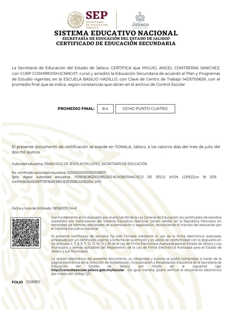 Certificado de Secundaria Jalisco